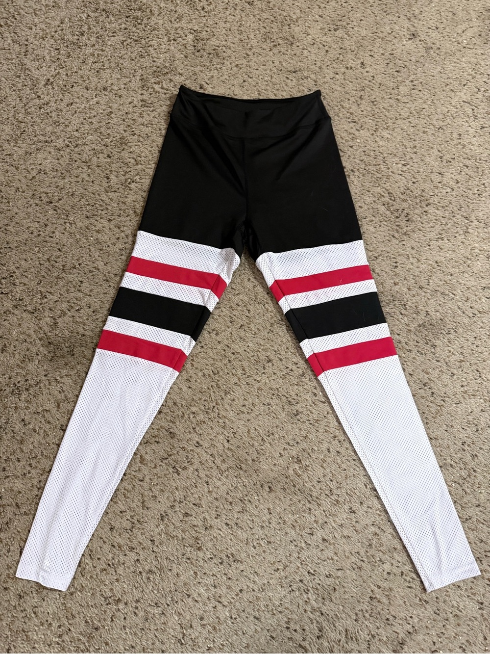 Sporty Mesh Varsity Black, White & Red Striped Athletic Leggings